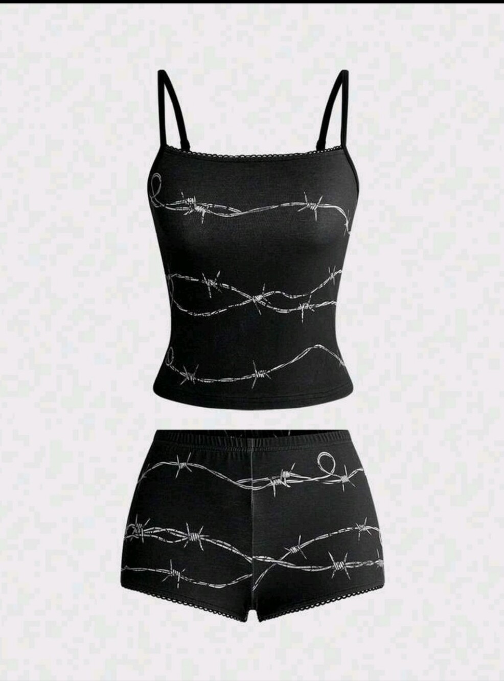 ROMWE Black Cami & Short Set with White Barbed-Wire Print